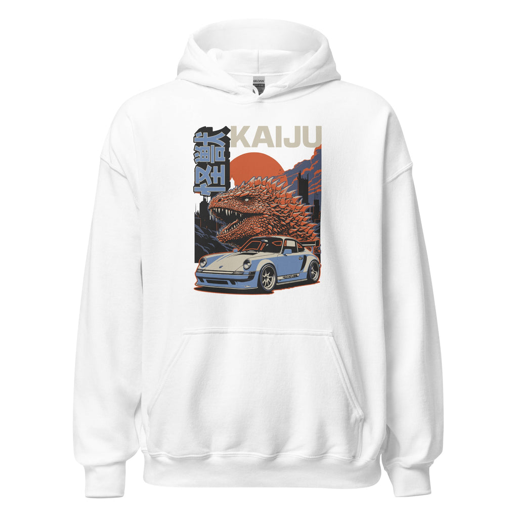 white hoodie with a monster kaiju and Porsche Car vintage Graphic design against a white background