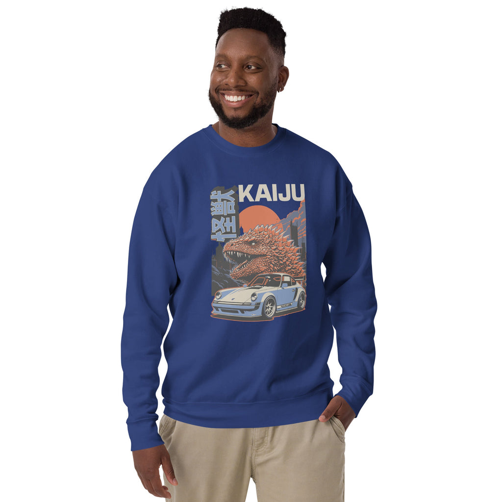a man wearing a blue sweatshirt with a monster kaiju and Porsche Car vintage Graphic design against a white background