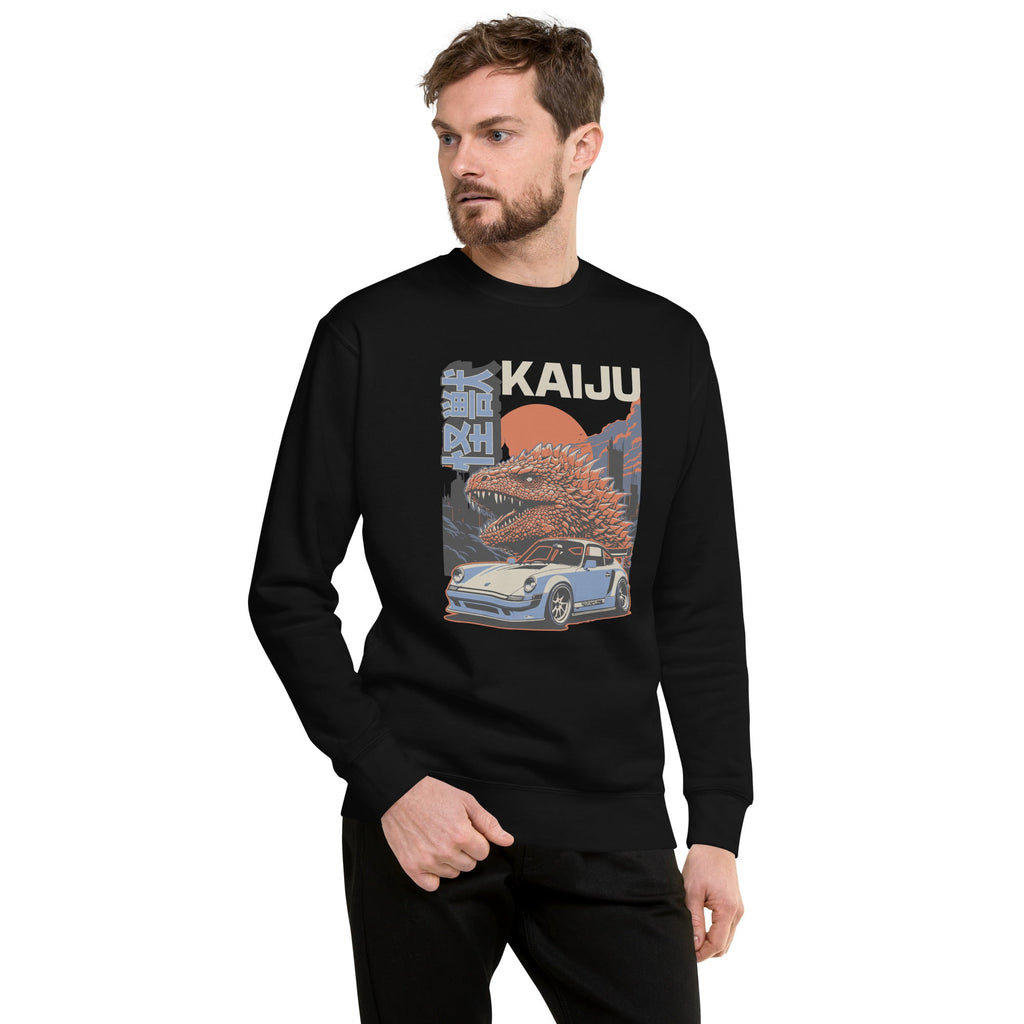 a man wearing a black sweatshirt with a monster kaiju and Porsche Car vintage Graphic design against a white background