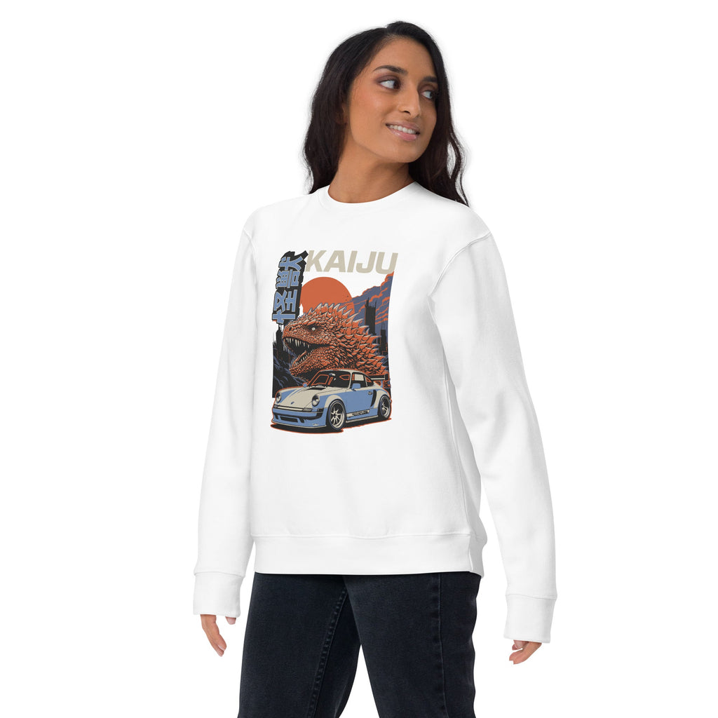 a woman wearing a white sweatshirt with a monster kaiju and Porsche Car vintage Graphic design against a white background