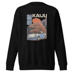 black premium sweatshirt with a monster kaiju and Porsche Car vintage Graphic design against a white background