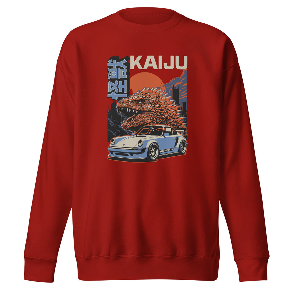 cardinal red premium sweatshirt with a monster kaiju and Porsche Car vintage Graphic design against a white background