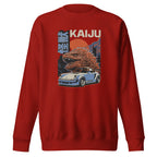 cardinal red premium sweatshirt with a monster kaiju and Porsche Car vintage Graphic design against a white background