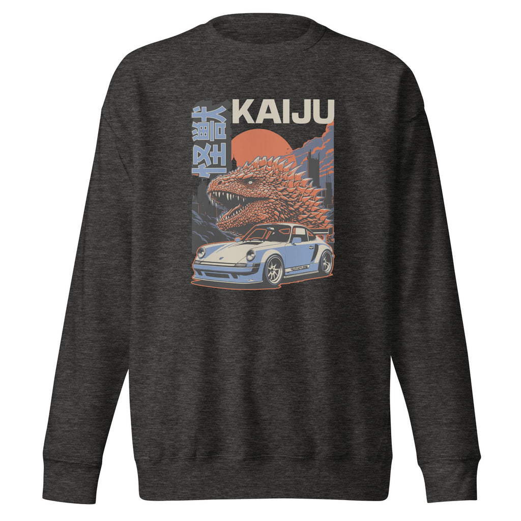 charcoal heather premium sweatshirt with a monster kaiju and Porsche Car vintage Graphic design against a white background
