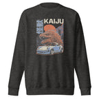charcoal heather premium sweatshirt with a monster kaiju and Porsche Car vintage Graphic design against a white background