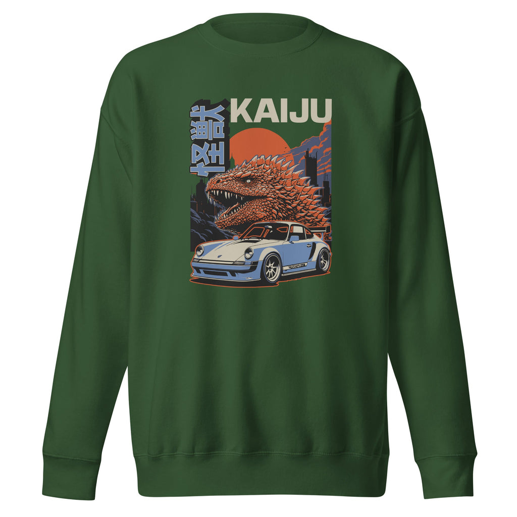 forest green premium sweatshirt with a monster kaiju and Porsche Car vintage Graphic design against a white background