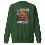forest green premium sweatshirt with a monster kaiju and Porsche Car vintage Graphic design against a white background