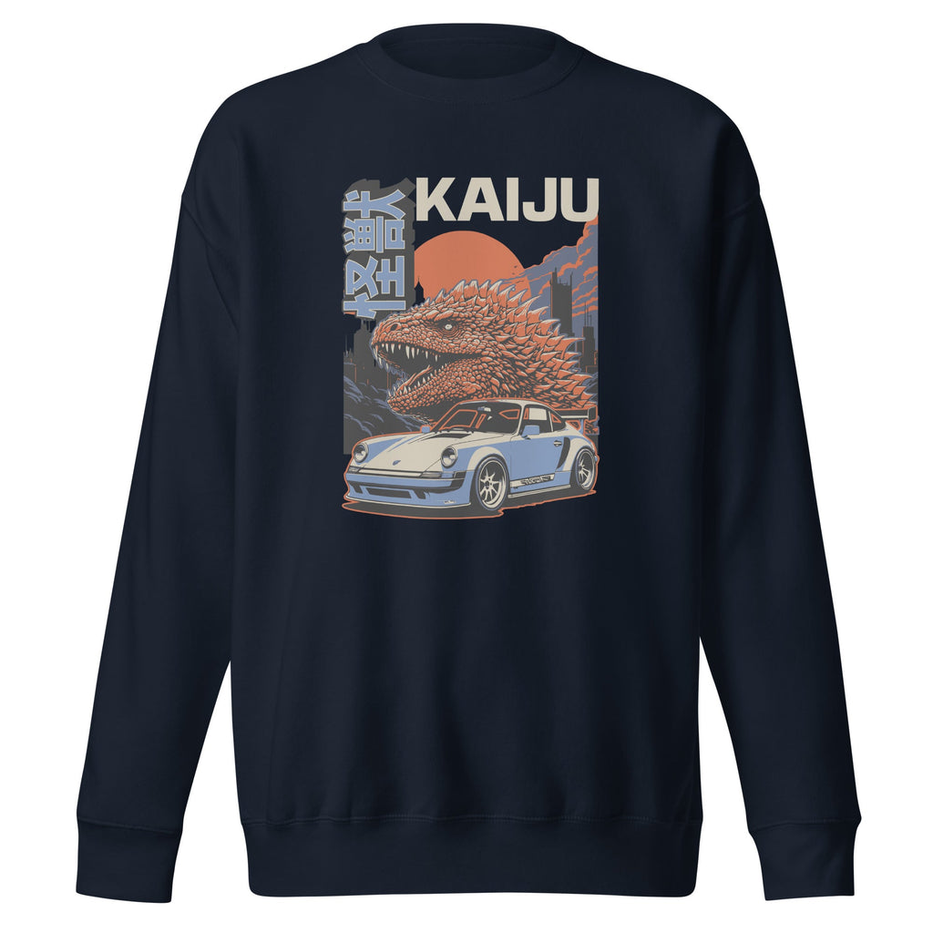 navy premium sweatshirt with a monster kaiju and Porsche Car vintage Graphic design against a white background