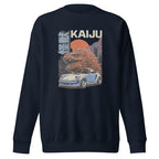 navy premium sweatshirt with a monster kaiju and Porsche Car vintage Graphic design against a white background