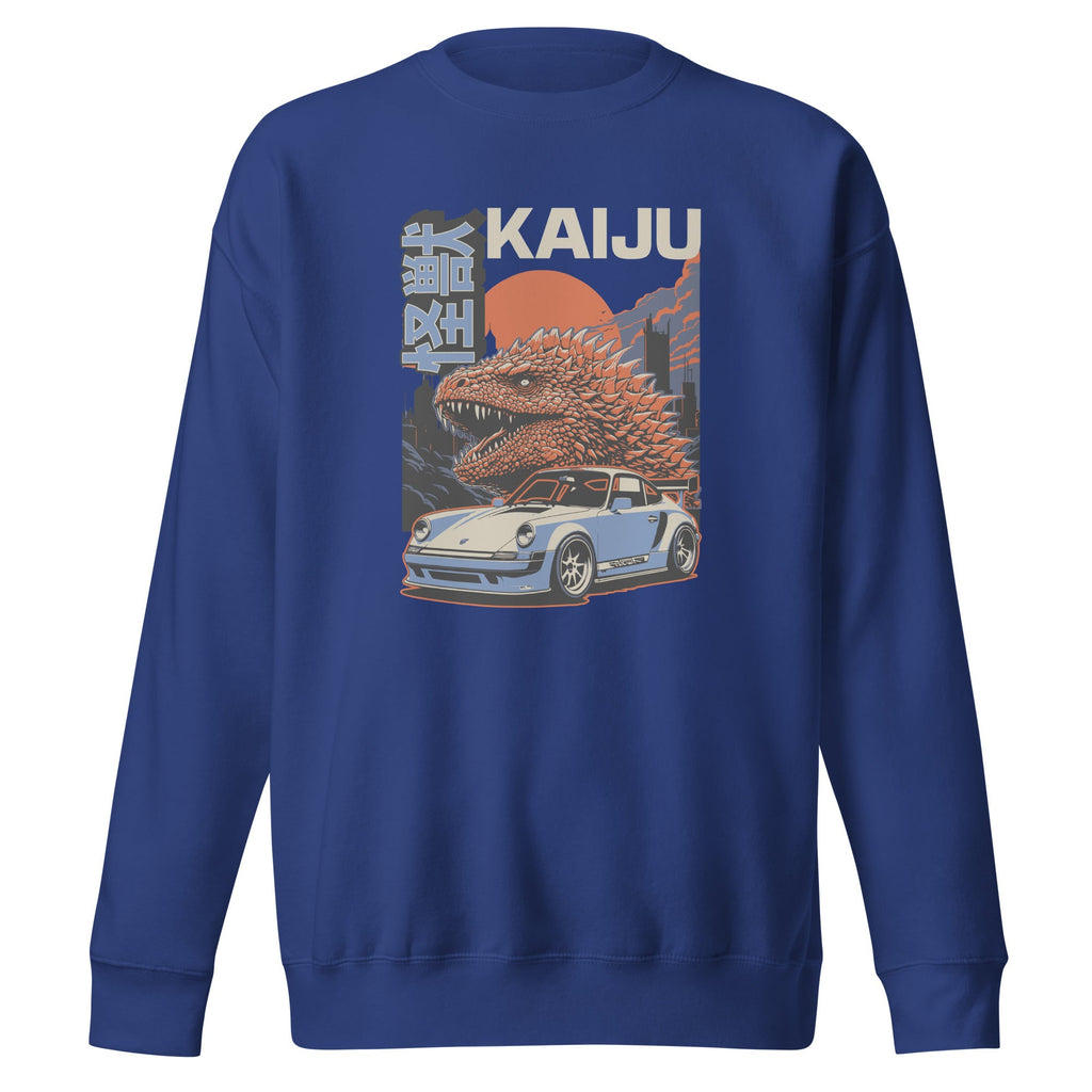 royal blue sweatshirt with a monster kaiju and Porsche Car vintage Graphic design against a white background