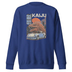 royal blue sweatshirt with a monster kaiju and Porsche Car vintage Graphic design against a white background