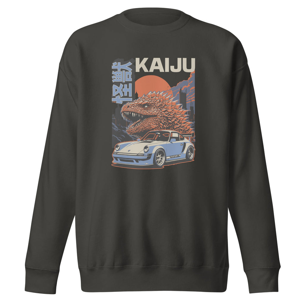 vintage black premium sweatshirt with a monster kaiju and Porsche Car vintage Graphic design against a white background