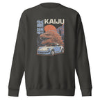 vintage black premium sweatshirt with a monster kaiju and Porsche Car vintage Graphic design against a white background