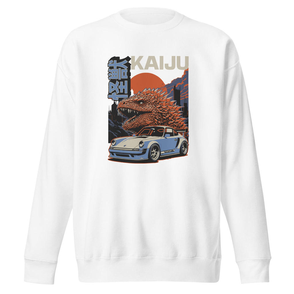 white premium sweatshirt with a monster kaiju and Porsche Car vintage Graphic design against a white background