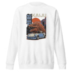 white premium sweatshirt with a monster kaiju and Porsche Car vintage Graphic design against a white background