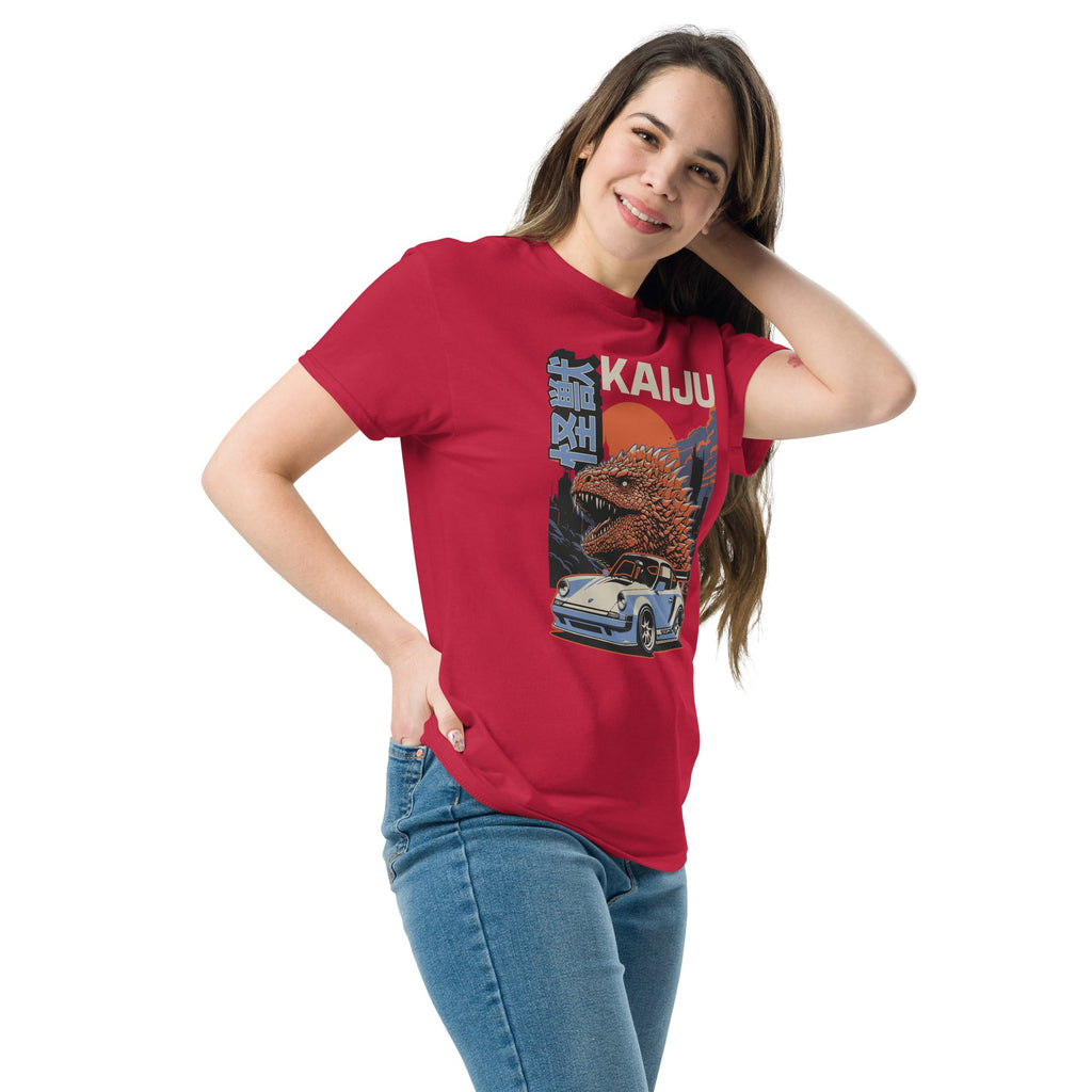  a woman modeling a red t-shirt with a monster kaiju and Porsche Car vintage Graphic design against a white background