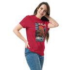  a woman modeling a red t-shirt with a monster kaiju and Porsche Car vintage Graphic design against a white background