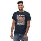 a man wearing a navy t-shirt with a monster kaiju and Porsche Car vintage Graphic design against a white background