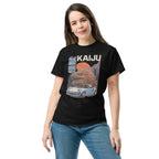 a woman wearing a black t-shirt with a monster kaiju and Porsche Car vintage Graphic design against a white background