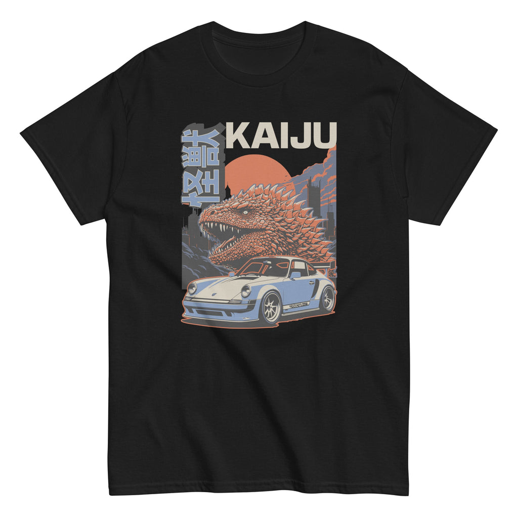 black t-shirt with a monster kaiju and Porsche Car vintage Graphic design against a white background