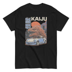 black t-shirt with a monster kaiju and Porsche Car vintage Graphic design against a white background
