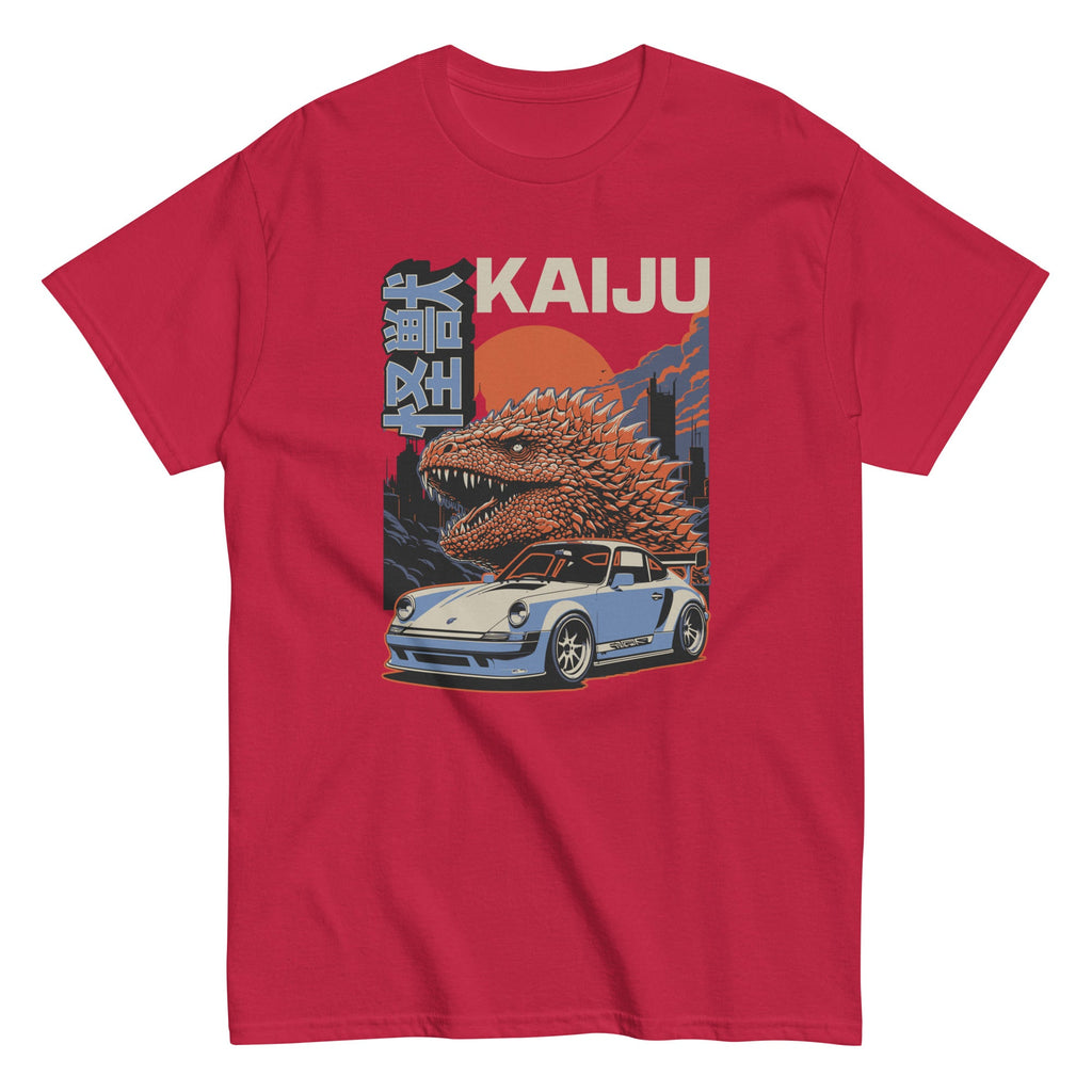 cardinal red t-shirt with a monster kaiju and Porsche Car vintage Graphic design against a white background