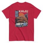 cardinal red t-shirt with a monster kaiju and Porsche Car vintage Graphic design against a white background