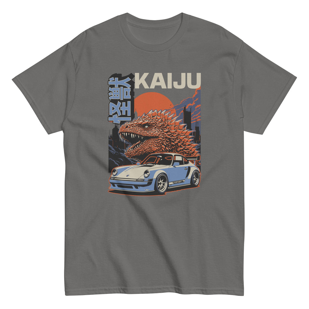 charcoal t-shirt with a monster kaiju and Porsche Car vintage Graphic design against a white background