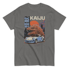 charcoal t-shirt with a monster kaiju and Porsche Car vintage Graphic design against a white background