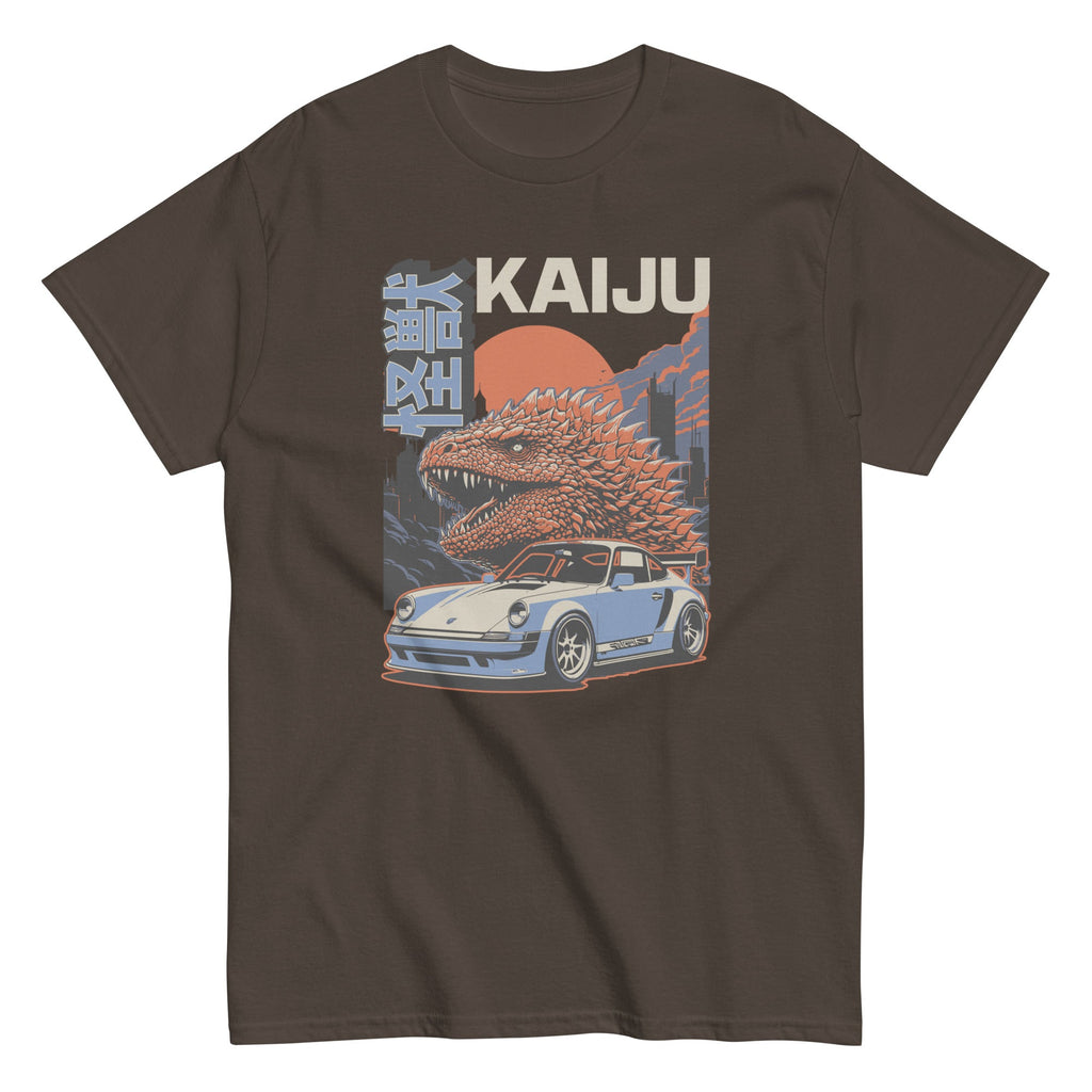 dark chocolate t-shirt with a monster kaiju and Porsche Car vintage Graphic design against a white background