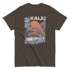 dark chocolate t-shirt with a monster kaiju and Porsche Car vintage Graphic design against a white background