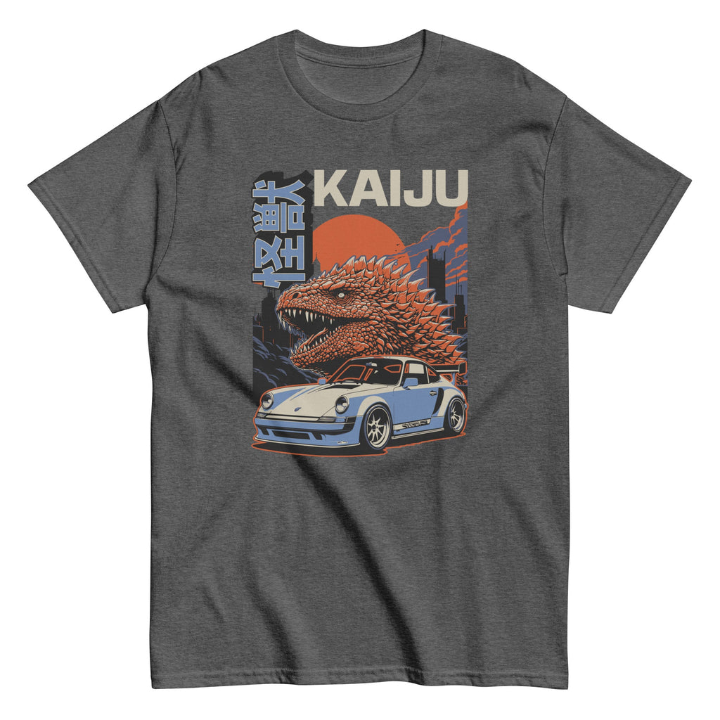 dark heather t-shirt with a monster kaiju and Porsche Car vintage Graphic design against a white background
