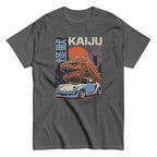 dark heather t-shirt with a monster kaiju and Porsche Car vintage Graphic design against a white background