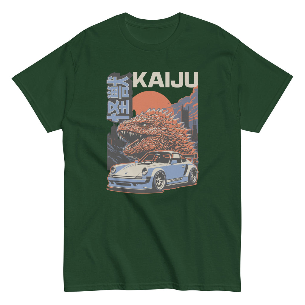 forest green t-shirt with a monster kaiju and Porsche Car vintage Graphic design against a white background