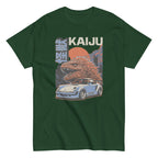 forest green t-shirt with a monster kaiju and Porsche Car vintage Graphic design against a white background