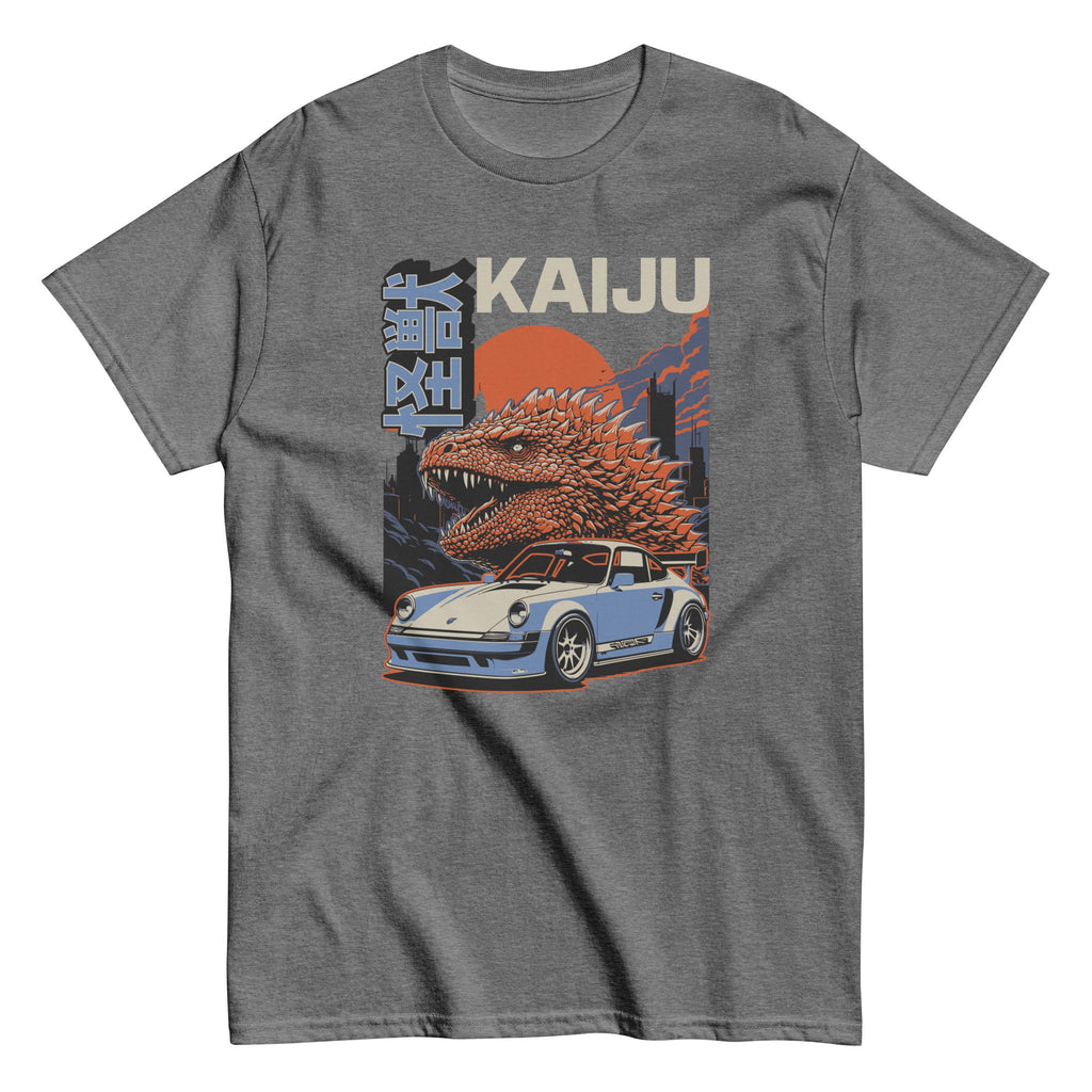 graphite heather t-shirt with a monster kaiju and Porsche Car vintage Graphic design against a white background