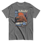 graphite heather t-shirt with a monster kaiju and Porsche Car vintage Graphic design against a white background
