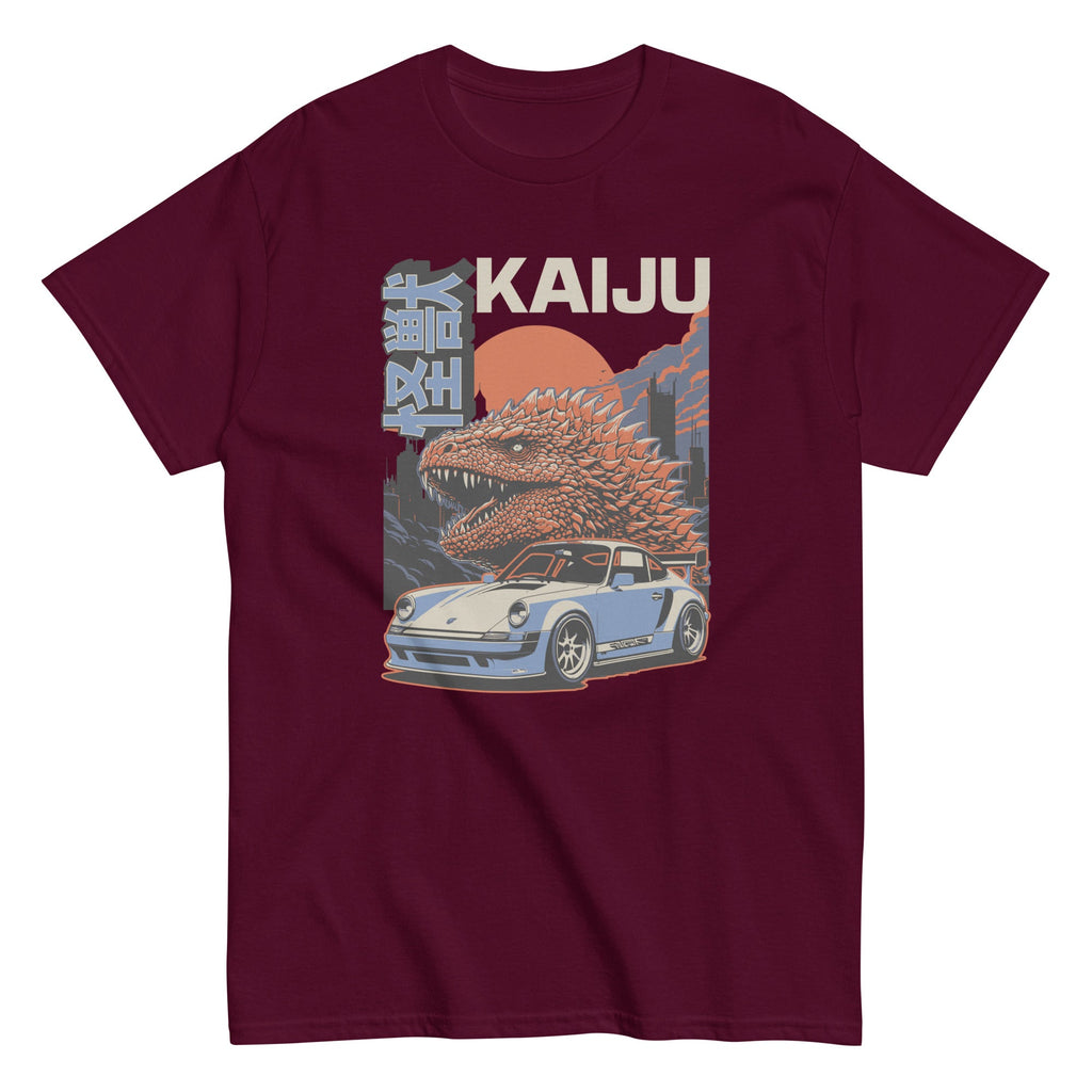 maroon t-shirt with a monster kaiju and Porsche Car vintage Graphic design against a white background