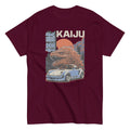 maroon t-shirt with a monster kaiju and Porsche Car vintage Graphic design against a white background