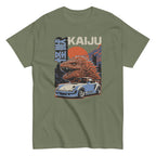 military green t-shirt with a monster kaiju and Porsche Car vintage Graphic design against a white background