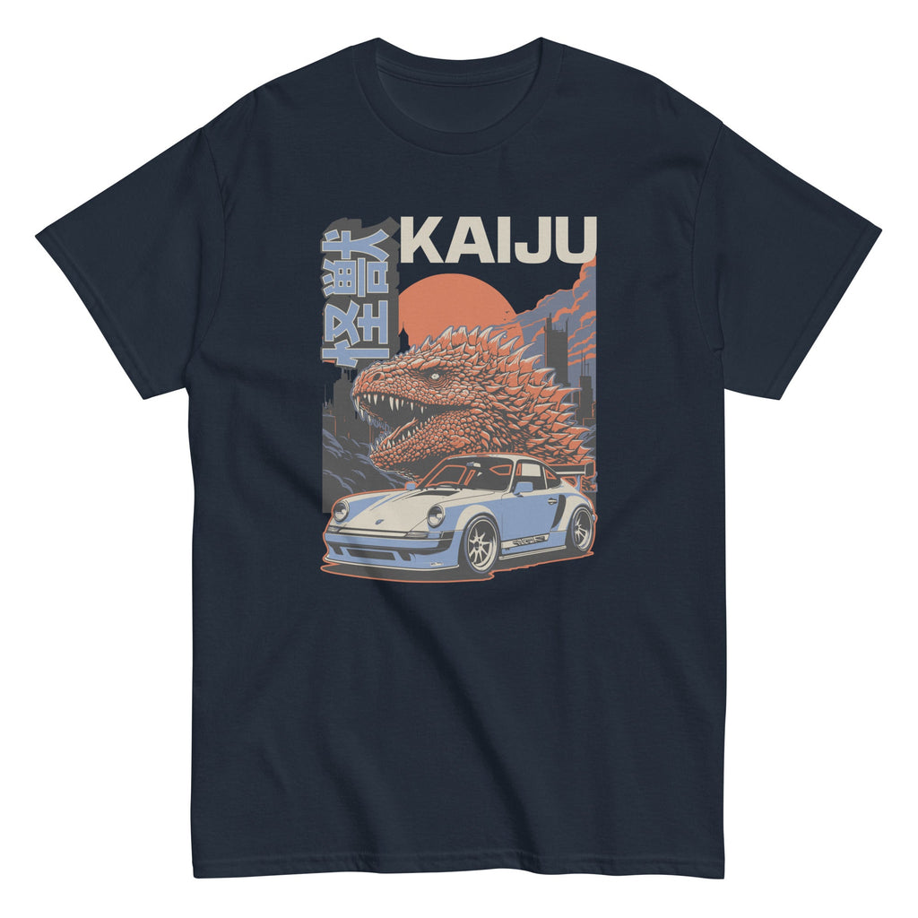 navy t-shirt with a monster kaiju and Porsche Car vintage Graphic design against a white background