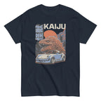 navy t-shirt with a monster kaiju and Porsche Car vintage Graphic design against a white background