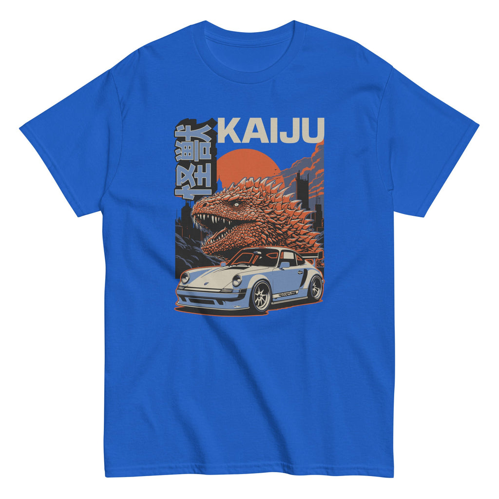 royal blue t-shirt with a monster kaiju and Porsche Car vintage Graphic design against a white background
