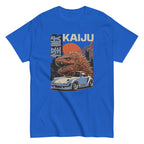 royal blue t-shirt with a monster kaiju and Porsche Car vintage Graphic design against a white background