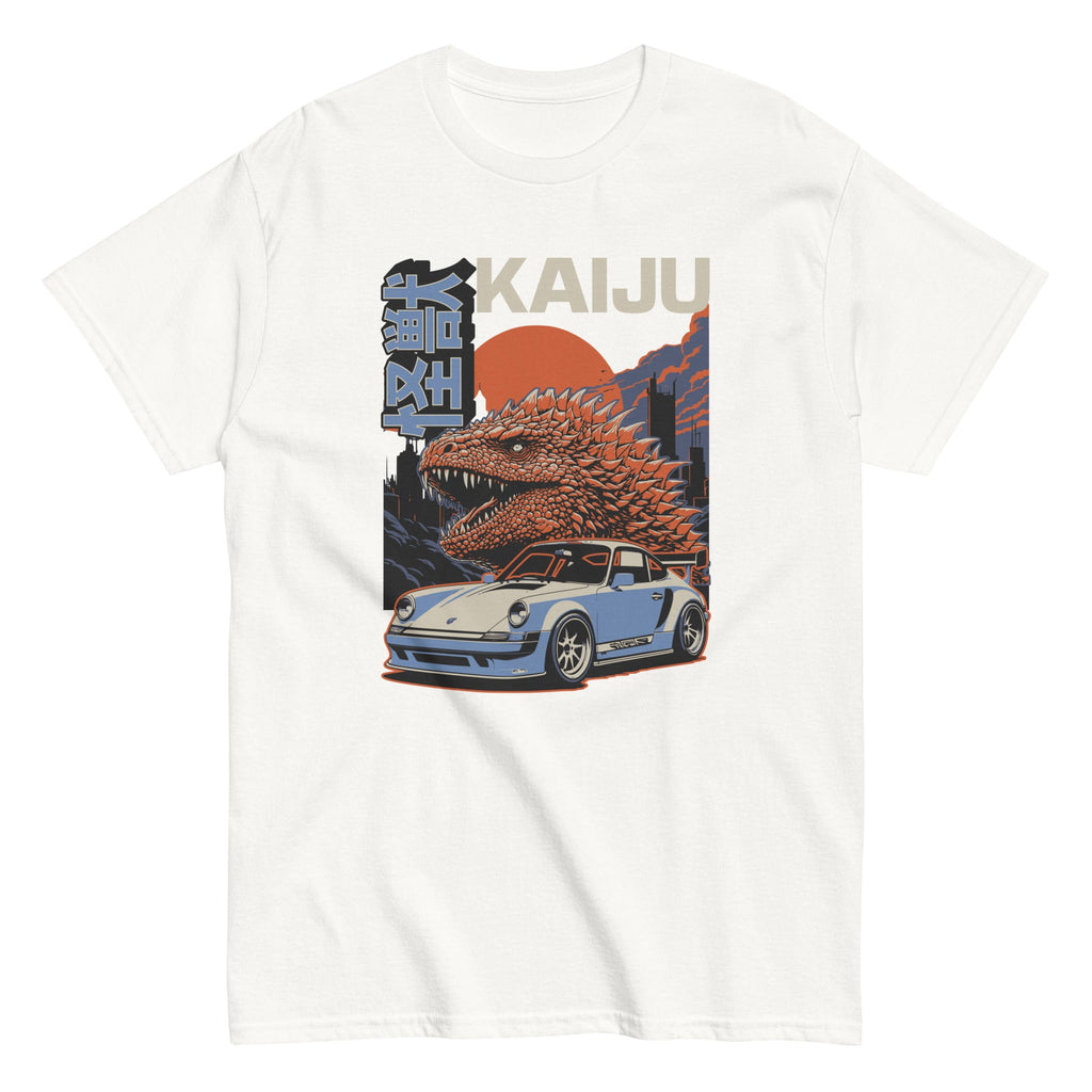 white t-shirt with a monster kaiju and Porsche Car vintage Graphic design against a white background