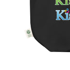 a black tote bag closed-up view with the certified organic label 