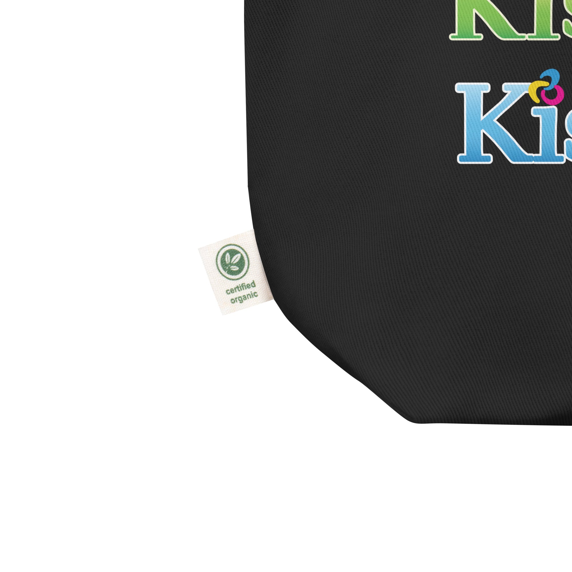 a black tote bag closed-up view with the certified organic label 