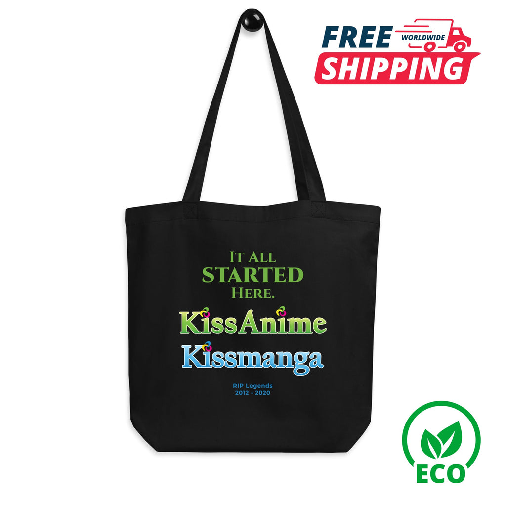 Black tote bag with 'KissAnime Kissmanga' text, free shipping icon, and eco-friendly logo on a white background