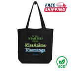 Black tote bag with 'KissAnime Kissmanga' text, free shipping icon, and eco-friendly logo on a white background