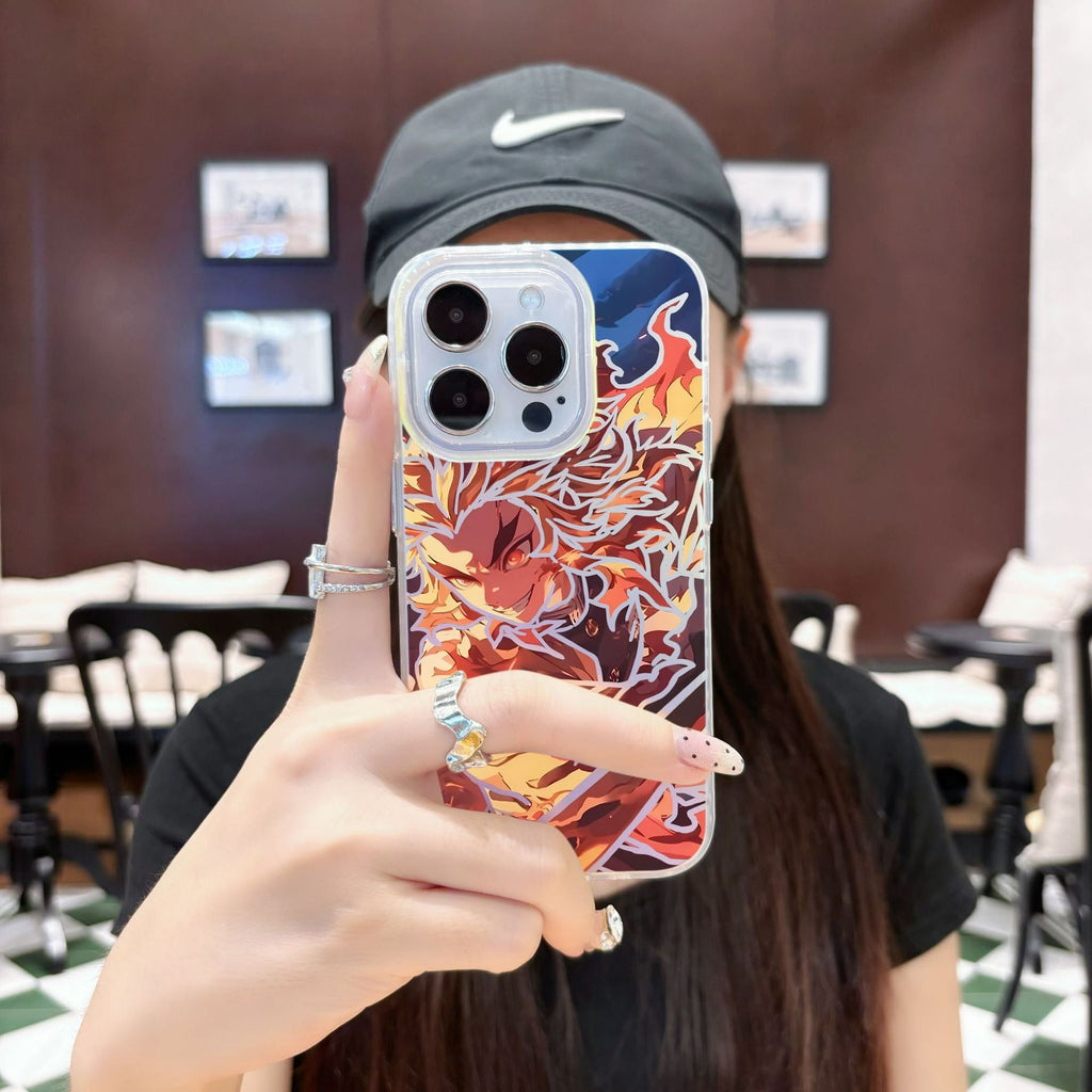 Person holding a phone with a colorful anime Kimetsu No Yaiba Demon Slayer Kyojuro Rengoku design case in a casual setting
